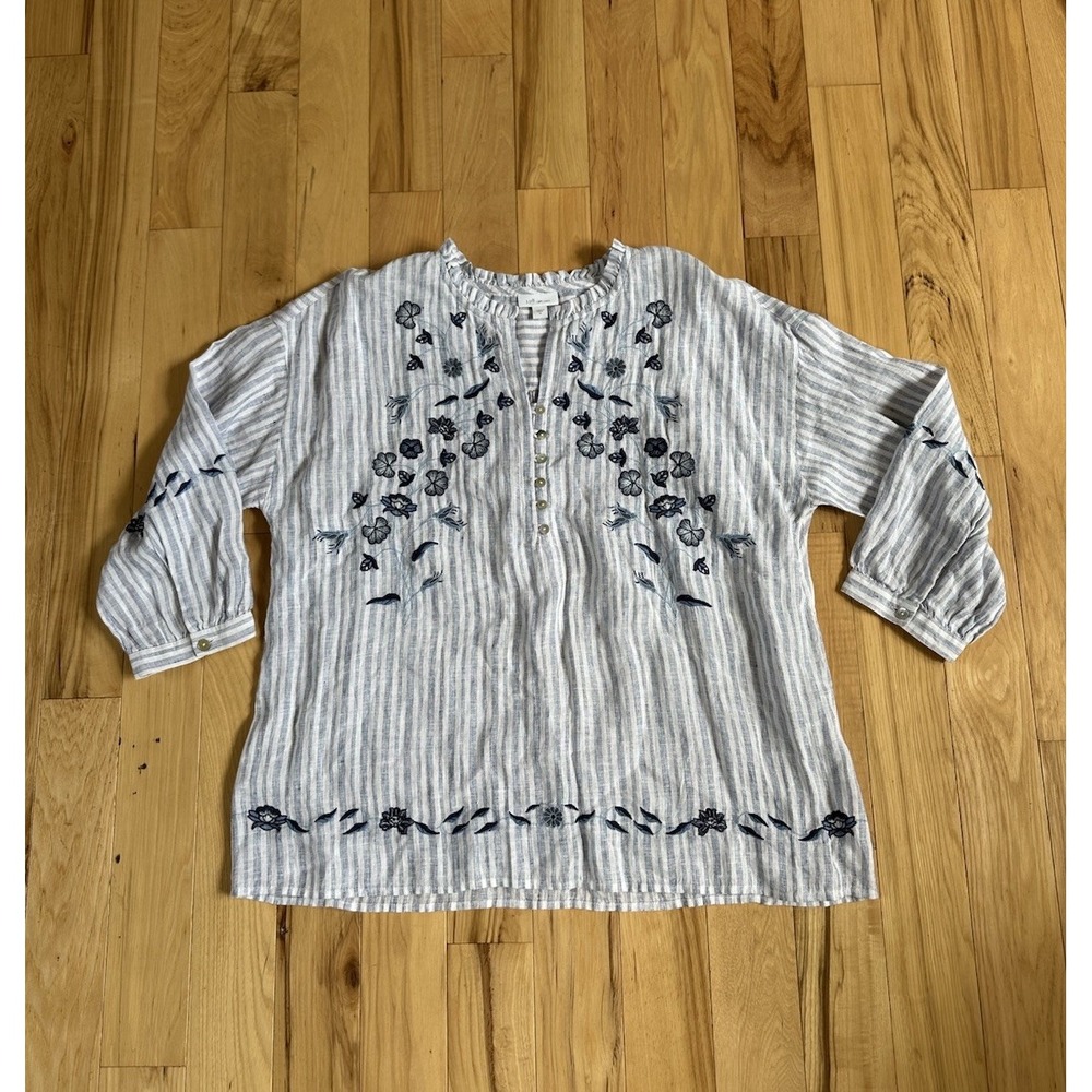 J. Jill Love Linen Womens Size Med Linen Top Embroidered Tunic Blue White Stripe